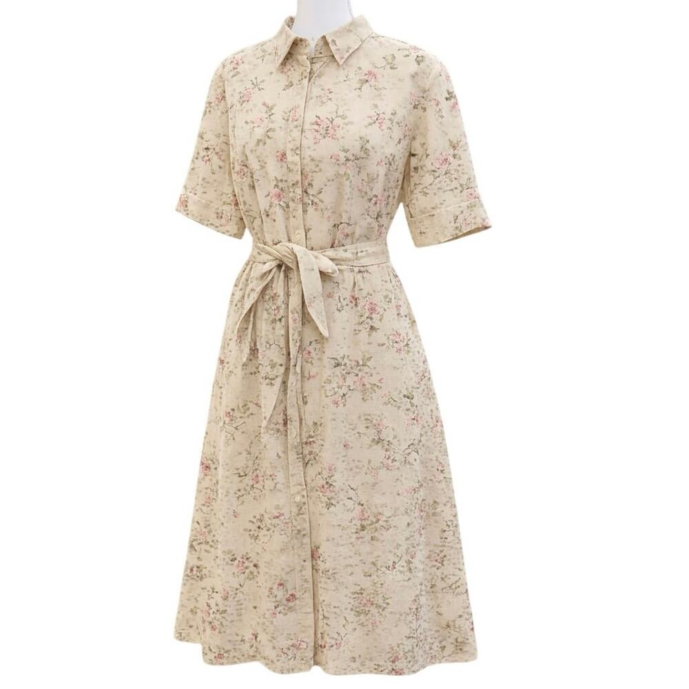 Lauren Ralph Lauren Floral Linen Shirt Dress Tie Waist Midi Cottagecore Size 10